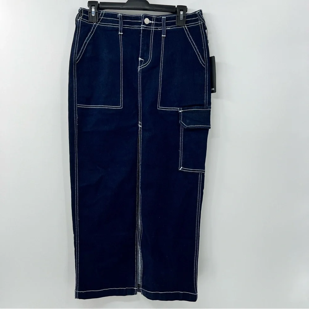 True Religion Cargo Denim Maxi Skirt 26 Dark Wash Y2K Utility NWT